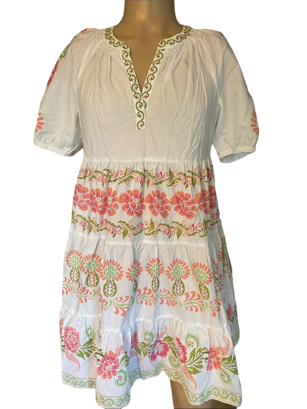 crown & ivy White Cotton Tiered Dress with Coral & Green Floral Embroidery